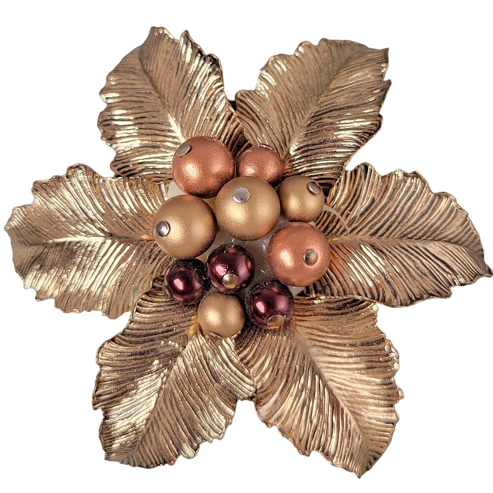 Vintage Gold-Tone Leaf Brooch 2.5” Floral Faux Pearl Beaded Pin Elegant Retro